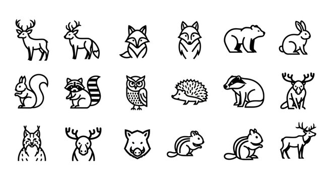 Collection of Stylized Forest Animal Icons in Black and White.