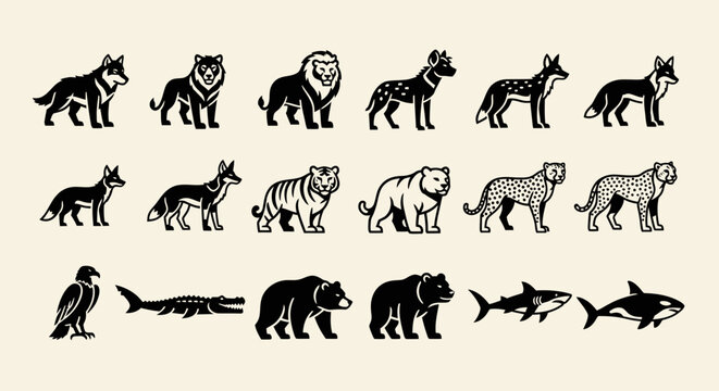 Collection of various wild animals in a vintage woodcut style.