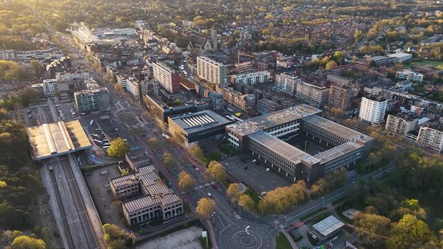 A panoramic Aerial  view of the city Genk in Belgium, on a sunny spring morning.