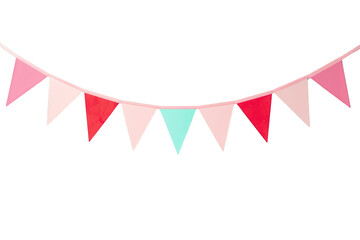 Obraz premium Party bunting banner with pink, red, and mint pastel flags decorating for a birthday celebration