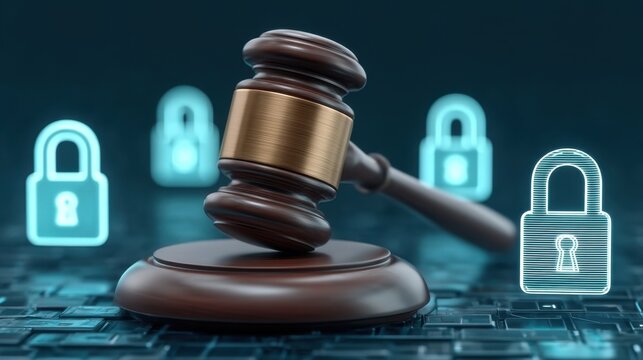 Digital Security and Legal Authority Concept with Gavel and Lock Symbols in Modern Technology Background