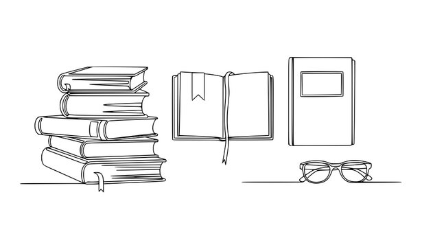 Continuous line book and reading icons minimalist notebook stationery vector illustration black and white