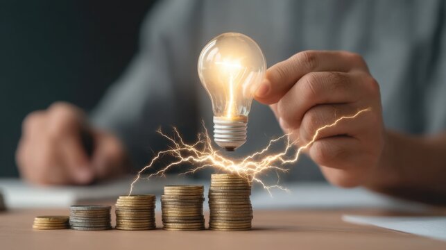Illuminated Light Bulb Held Over Stacked Coins Signifying Financial Inspiration and Innovative Ideas