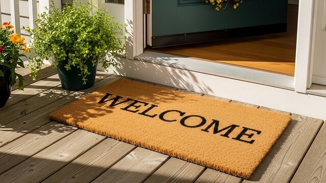 Welcoming Entrance - Doormat and Potted Plants at Front Door.