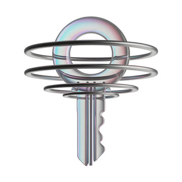 3D key, metallic, iridescent, futuristic icon, abstract symbol