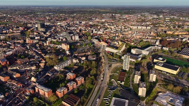 A panoramic Aerial view of the city Hasselt in Belgium, on a sunny spring noon.