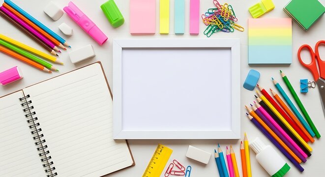 Bright back to school supplies notebook pens scissors stationery flatlay