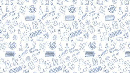 seamless white board games pattern background featuring blue line art doodles of gaming icons © Amir