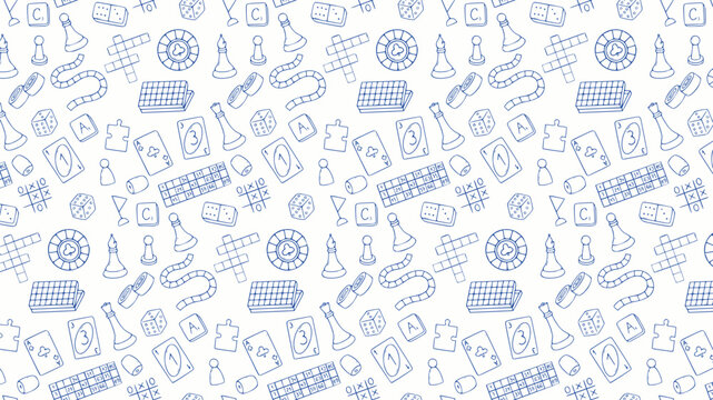seamless white board games pattern background featuring blue line art doodles of gaming icons