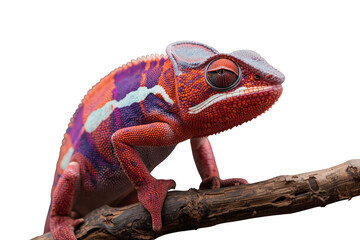Obraz premium Vibrant chameleon with colorful scales sitting on a natural branch, transparent background