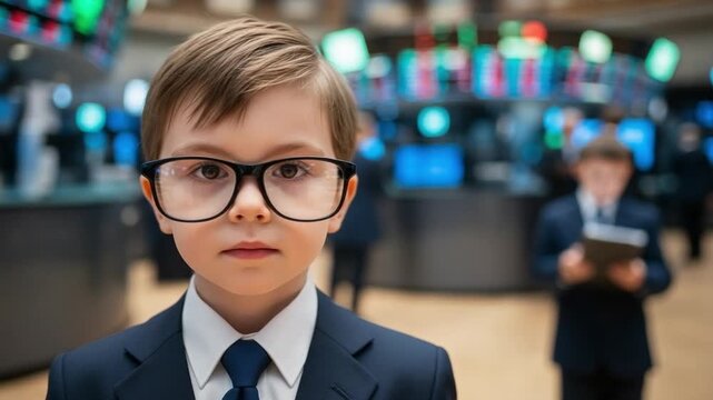 Child prodigy investor in business suit and glasses at stock market exchange