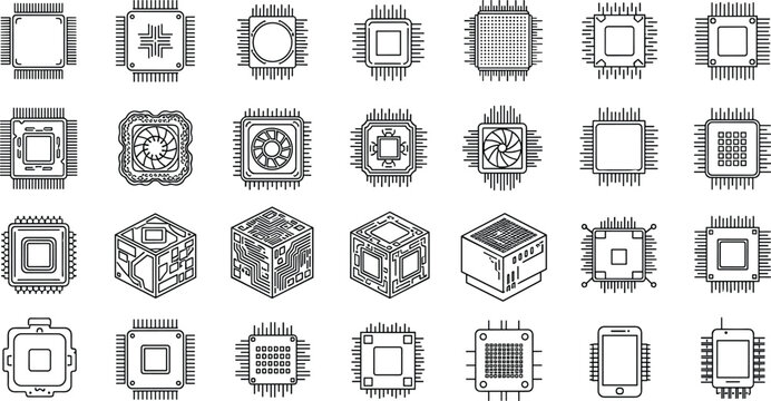 Microchip processor icons set with CPU technology semiconductor hardware circuit board digital electronics line vector illustration