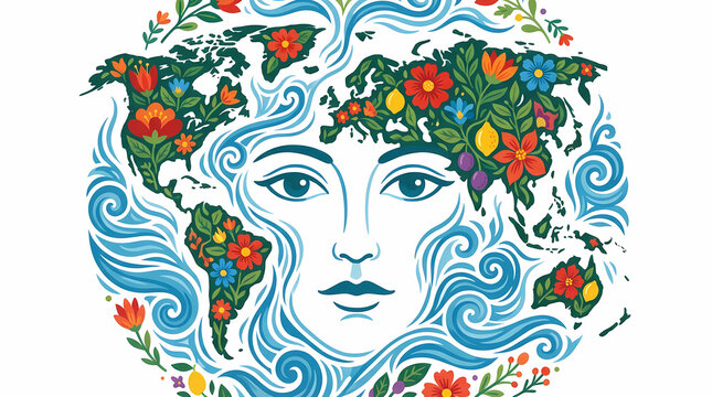 Stylized Illustration of a Human Face Merged with a Floral World Map.
