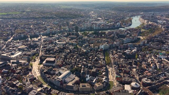 A panoramic Aerial  view of the city Liege in Belgium, on a sunny spring morning.