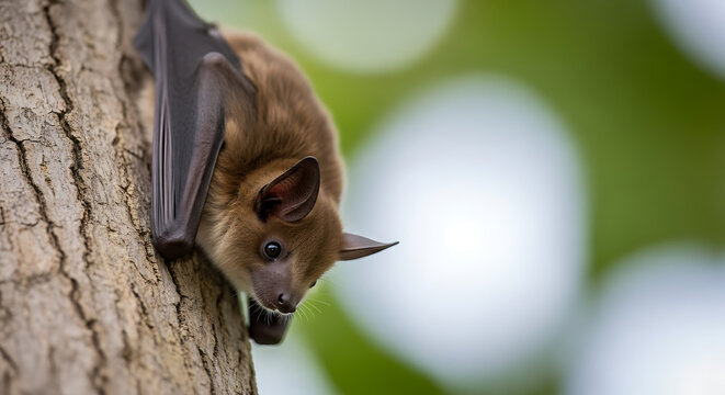 Detailed macro shot of a nocturnal flying mammal fruit bat suspended from a wooden branch in a lush forest during bright daylight showing fur texture and folded leathery wings