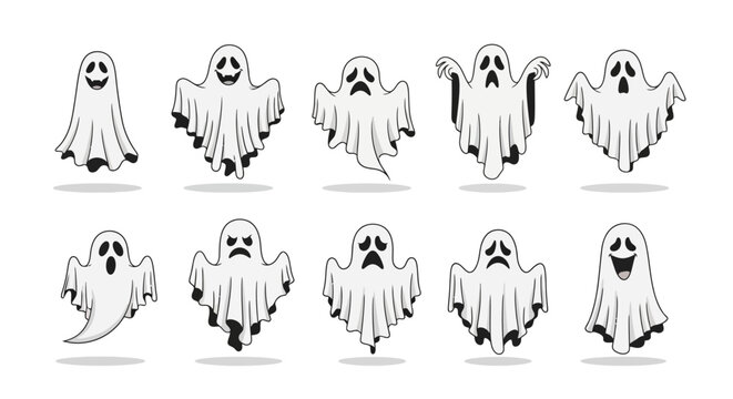 A delightful assortment of friendly and mischievous cartoon ghost characters, each displaying unique expressions and playful gestures, perfect for Halloween decorations and eerie designs