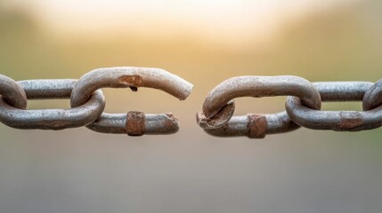 Fototapeta premium Broken Chain Link with Rusty Details Against a Soft Blurred Background in Natural Light