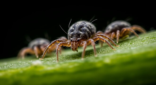 Close-up of globular springtails on a vibrant green leaf against a dark background
