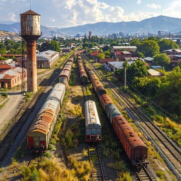 Aerial view of a train yard with trains and a water tower