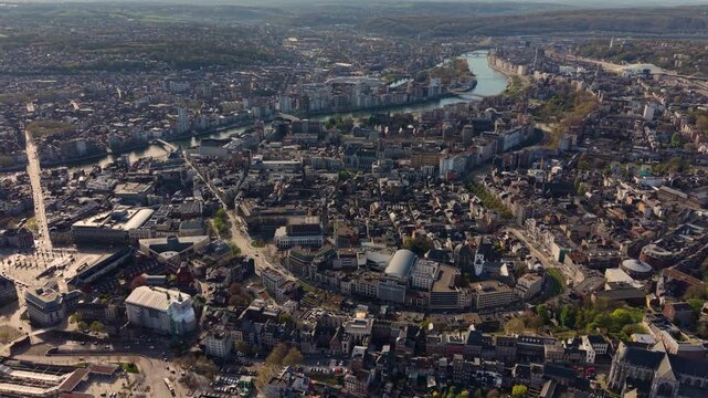 A panoramic Aerial  view of the city Liege in Belgium, on a sunny spring morning.