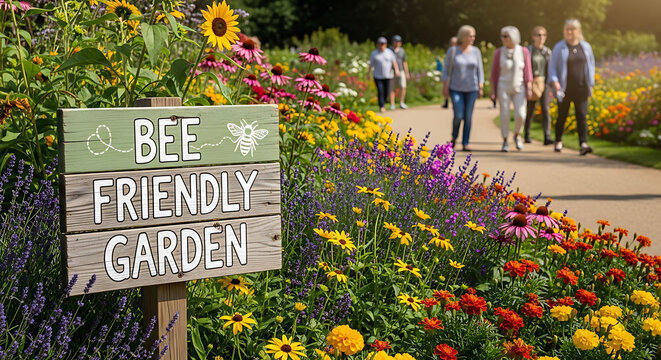 Rustic wooden sign inscribed with bee friendly garden message stands amidst vibrant colorful flower blossoms in a public park while blurred people walk in the sunny summer background scenery.