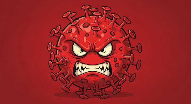 Furious Crimson Pathogen Character Representing Malignant Cancer Virus Cell Illustration with Aggressive Expression Isolated on Vibrant Ruby Background for Medical and Healthcare Education