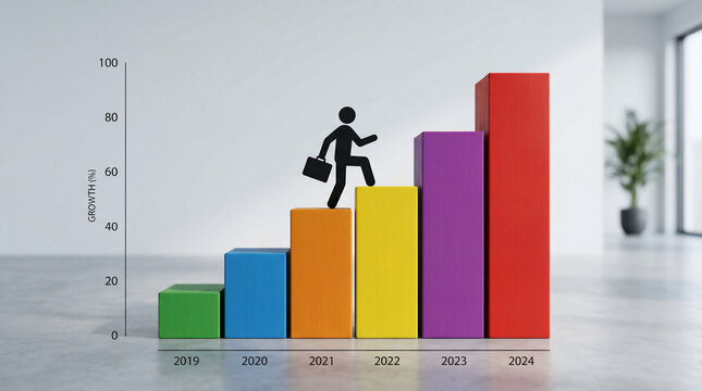Business person icon climbing colorful bar chart stairs towards success and growth