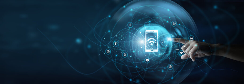 Technology user holding smartphone. NFC technology enables short-range wireless communication for payments, access control, and data sharing.