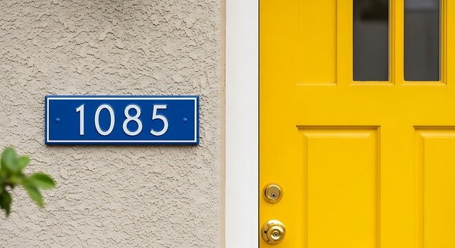 Exterior house detail blue address sign on stucco, yellow door with trim and hardware