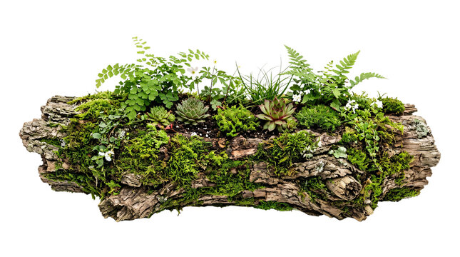 Decorative Green Succulent Plants Growing on Bark Log in Natural Setting