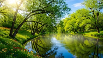Fototapeta premium Serene River Scene with Lush Greenery and Sunlight.