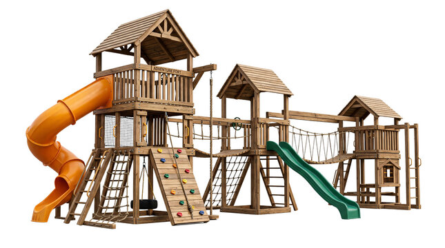 Wooden Playground Structure with Slides and Climbing Walls for Children Outdoor Play Area