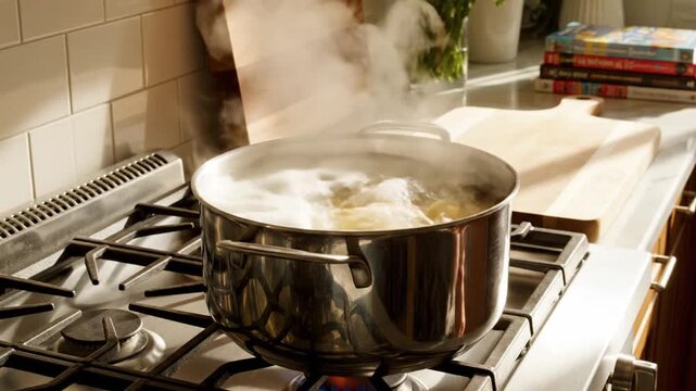 Steaming pot on stove with boiling food in kitchen
