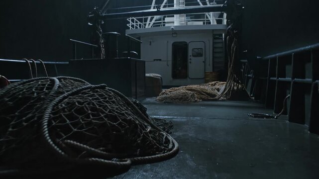 Dark Trawler Deck with Heaps of Rope Netting and Rainwater Pouring from Above