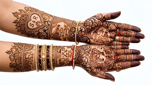 Elaborate Bridal Mehndi Design with Wedding Couple Portraits and Personalized Initials