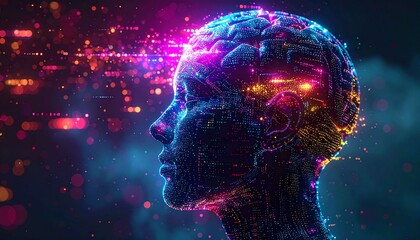 Fototapeta premium a human facial profile formed from a network of luminous data points and digital circuits. This image highlights areas of the brain that are shining brightly with purple and gold colored energy,&nbsp;d