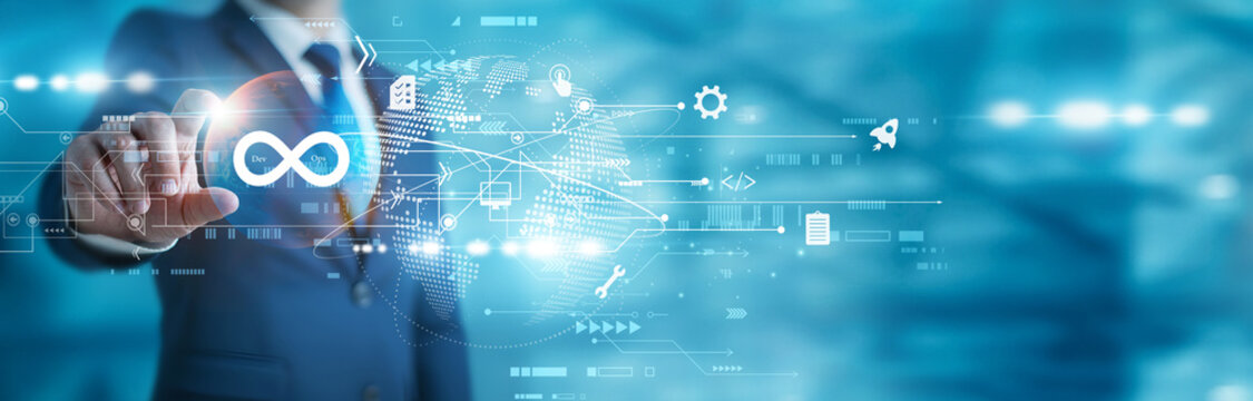 IT engineer holding deployment dashboard. DevOps integrates development and operations to automate workflows and deliver software faster and reliably.