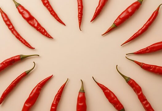 Red chili peppers arranged in a circle on a beige background with copy space in the center.piment rouge