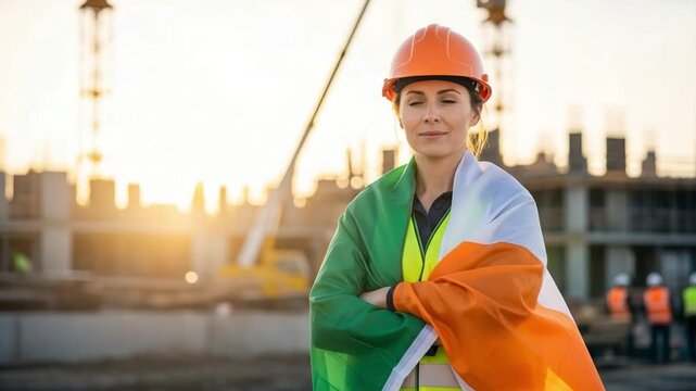 Proud Irish female construction engineer in hard hat with flag at sunset site