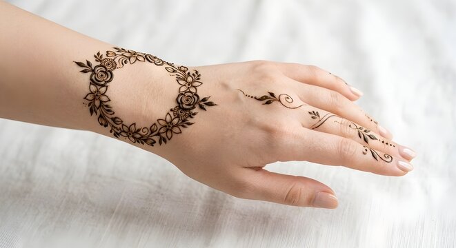 Minimal Floral Circle Mehndi Design on Female Hand, Elegant Bridal Wedding Henna Pattern