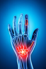 Naklejka premium Hand and finger joint anatomy illustration highlighting inflammation zones for musculoskeletal health education 