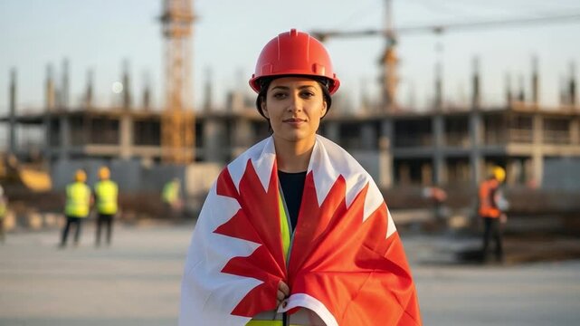 Female Bahraini Civil Engineer in Red Hard Hat with Bahrain Flag at Construction Site