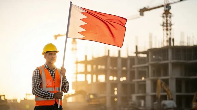 Middle Aged Male Construction Worker Holding Bahrain Flag at Building Site During Sunset
