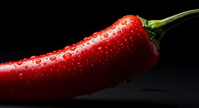 Close-up of a fresh red chili pepper covered in water droplets against a black background piment rouge