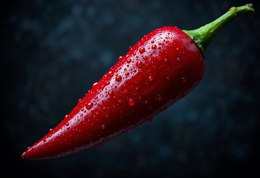 Close up of a vibrant red chili pepper with fresh water droplets on a dark background. piment rouge