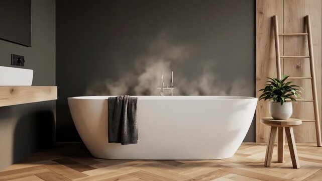 Modern bathroom interior featuring a white freestanding bathtub with steam, dark gray walls, wooden herringbone parquet flooring, floating wooden vanity, and minimalist washbasin.