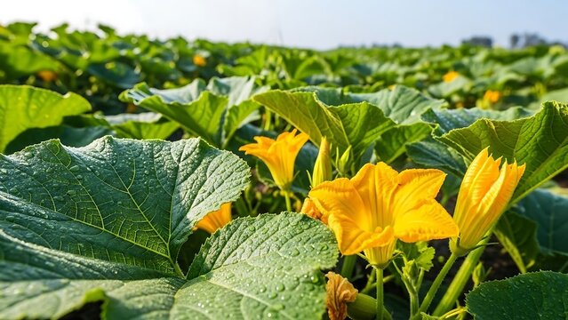 Vibrant Yellow Pumpkin Flowers Blooming in a Lush Green Field.