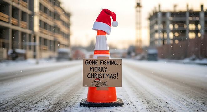 Festive Construction Delay Scene Featuring Orange Traffic Cone Wearing Red Santa Hat Next to Cardboard Sign Warning of Holiday Roadwork Stoppage and Seasonal Infrastructure Maintenance Postponement