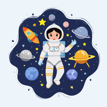 Flat vector astronaut character creator set, space exploration theme, floating poses, interchangeable helmets and suits