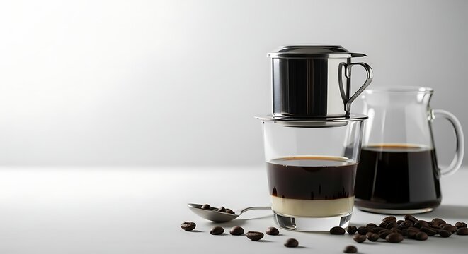 Traditional Vietnamese Drip Coffee with Condensed Milk in a Clear Glass, Stainless Steel Phin Filter, Roasted Coffee Beans, and Glass Carafe on Minimalist White Background